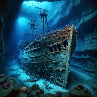 The primary subject of the image is a large, old shipwrecked boat that has been submerged underwater for a long time. The boat is surrounded by a variety of sea creatures, including fish and other marine life. The setting is underwater, with the shipwrecked boat resting on the ocean floor. The visual style of the image is a combination of photo and digital art, creating a realistic yet artistic representation of the shipwreck. The colors and mood of the image are dark and moody, reflecting the somber atmosphere of the submerged shipwreck.
